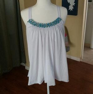 White Crossback Tank w/Blue and Gold Beading